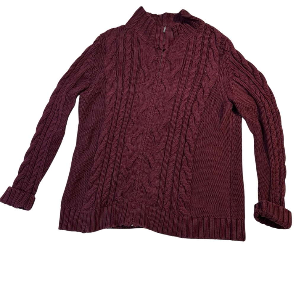 L.L. Bean Double L Cable Knit Cardigan Sweater 2X Plus Full Zip Mock Neck Cotton
